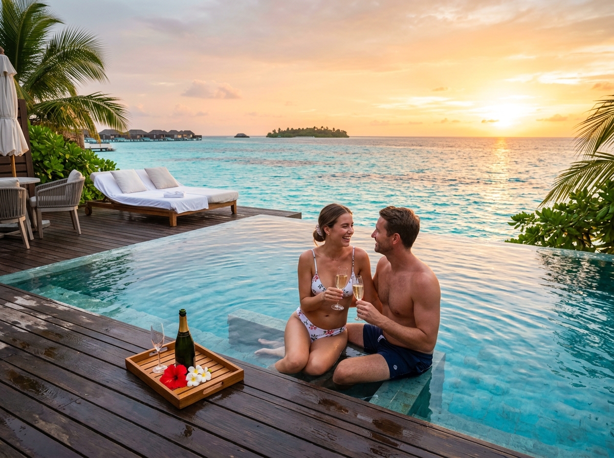 Casal em resort de luxo nas Maldivas em Lua de Mel